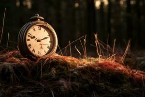 an old clock sitting on top of a pile of moss generative ai photo