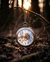 an old pocket watch hanging from a tree branch in the woods generative ai photo