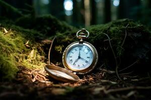 un antiguo bolsillo reloj acostado en el suelo en el bosque generativo ai foto