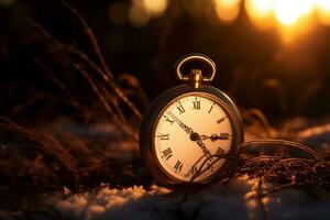 un antiguo bolsillo reloj sentado en el nieve a puesta de sol generativo ai foto