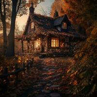 an old wooden house in the woods with autumn leaves on the ground generative ai photo