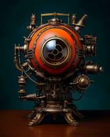 an old style steampunk diving helmet on a table generative ai photo
