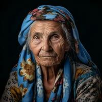 an old woman with a blue scarf on her head generative ai photo