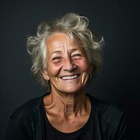 un más viejo mujer con un sonrisa en su cara generativo ai foto