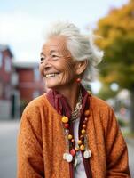 an older woman with white hair smiling in the street generative ai photo