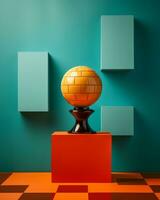 an orange and blue room with a globe on top of a pedestal generative ai photo