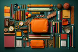 an orange backpack pencils pens pencils and other items arranged on a green surface generative ai photo