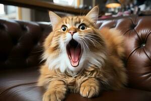 an orange cat yawning on a leather couch generative ai photo
