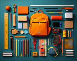 un naranja mochila con varios colegio suministros en un azul antecedentes generativo ai foto