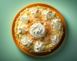 an orange plate topped with a coconut cream pie generative ai photo