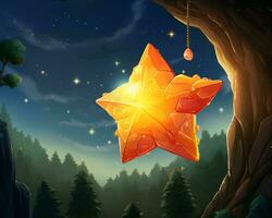 an orange star hanging from a tree in the forest generative ai photo