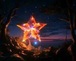 an orange star in the middle of a forest at night generative ai photo