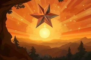 an orange star in the sky with mountains in the background generative ai photo