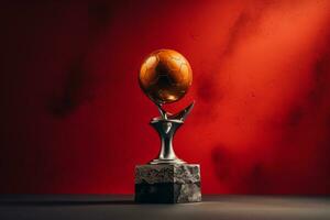 an orange soccer ball sits on top of a trophy generative ai photo