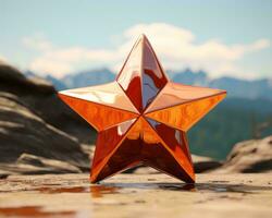 an orange star sitting on a rock with mountains in the background generative ai photo