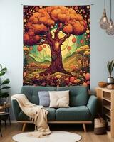 an orange tree tapestry hanging on the wall in a living room generative ai photo