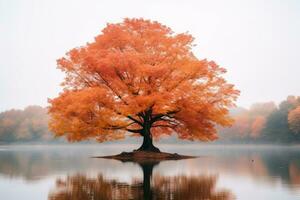 an orange tree stands alone on a lake in the fall generative ai photo