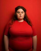 an overweight woman in a red dress against a red background generative ai photo