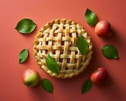 apple pie with lattice and leaves on a red background generative ai photo