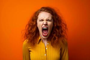 angry red haired woman screaming on an orange background generative ai photo