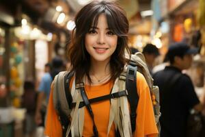 asiático mujer en naranja camisa y mochila en pie en un concurrido calle generativo ai foto