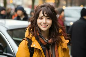 asiático mujer sonriente mientras caminando en el calle generativo ai foto