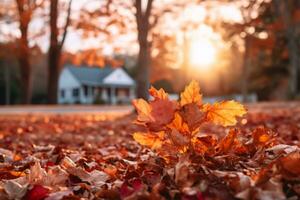 autumn leaves on the ground in front of a house generative ai photo