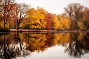 autumn trees are reflected in a body of water generative ai photo