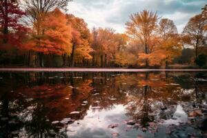 autumn trees reflected in a pond in the woods generative ai photo