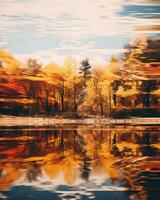 otoño arboles reflejado en un lago en el otoño generativo ai foto