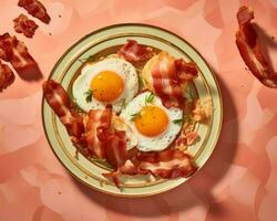 bacon and eggs on a plate on a pink background generative ai photo