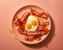 bacon and eggs on a plate on a pink background generative ai photo