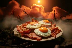 bacon and eggs on a plate with smoke in the background generative ai photo