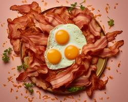 bacon and eggs on a plate on a pink background generative ai photo
