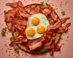 tocino y huevos en un plato en un rosado antecedentes generativo ai foto