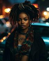 hermosa africano americano mujer con rastas en el ciudad a noche generativo ai foto