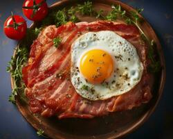 bacon and egg on a plate with tomatoes and herbs generative ai photo