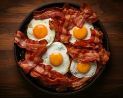 bacon and eggs in a pan on a wooden table generative ai photo