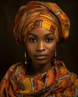 hermosa africano mujer en tradicional ropa generativo ai foto
