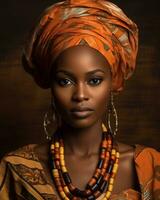 hermosa africano mujer en tradicional ropa generativo ai foto