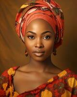 beautiful african woman in traditional dress on brown background generative ai photo