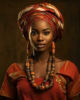 hermosa africano mujer en tradicional vestir generativo ai foto