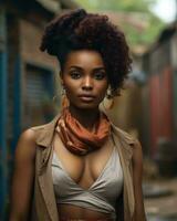 hermosa africano mujer con afro pelo y pendientes generativo ai foto