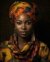 beautiful african woman wearing colorful headscarf and earrings generative ai photo
