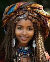 beautiful african woman wearing colorful headdress and earrings generative ai photo