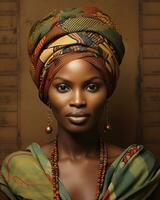 hermosa africano mujer vistiendo un turbante y pendientes generativo ai foto