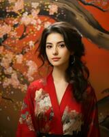 hermosa asiático mujer en kimono posando en frente de Cereza florecer árbol generativo ai foto