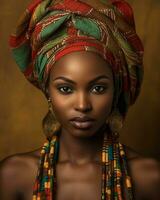 hermosa africano mujer con vistoso cabeza envolver generativo ai foto