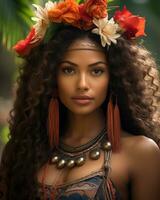 beautiful african woman with long curly hair wearing a floral wreath on her head generative ai photo