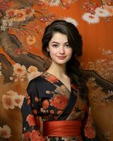 hermosa asiático mujer en kimono posando en frente de floral fondo de pantalla generativo ai foto
